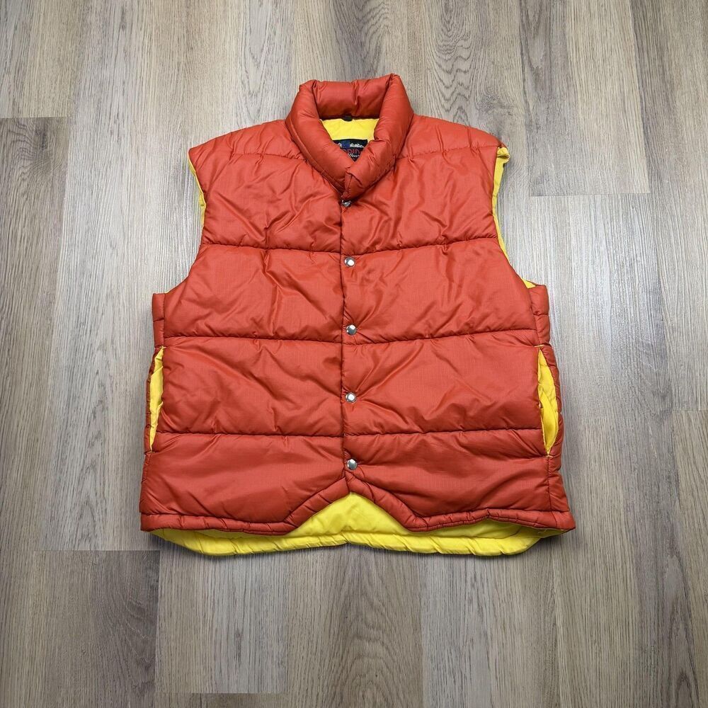 Vintage Gladding Vest Mens XL Orange Nylon Puffer Snap Front Ski 70s Outdoor